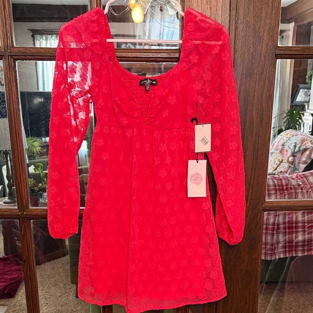 Crystal Doll Womens Red Floral Clip Dot Smocked Mini Dress Long‎ Sleeve XS New